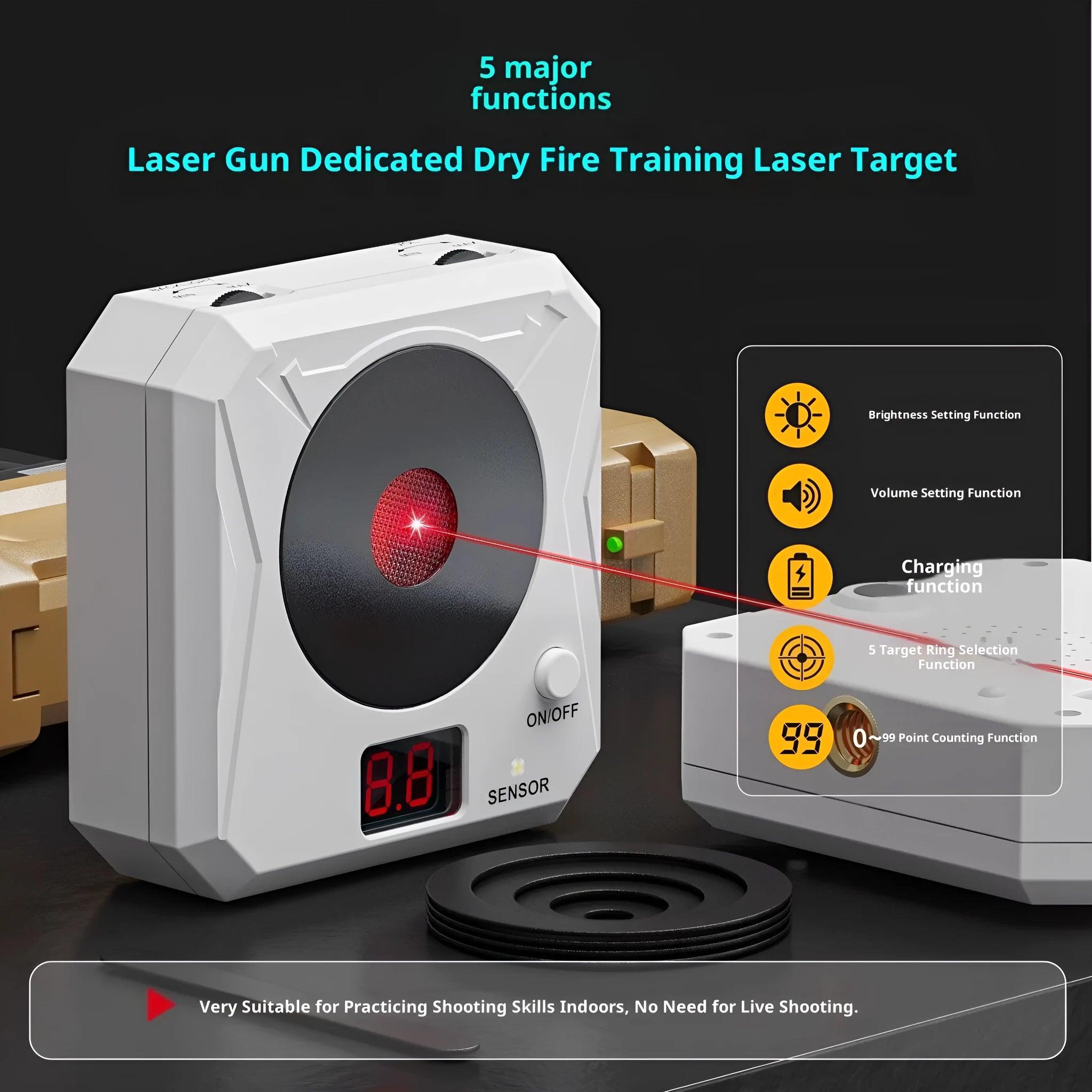 Rechargeable laser target dry fire training system with infrared counting, replaceable target rings, magnetic plate, and Type-C charging cable