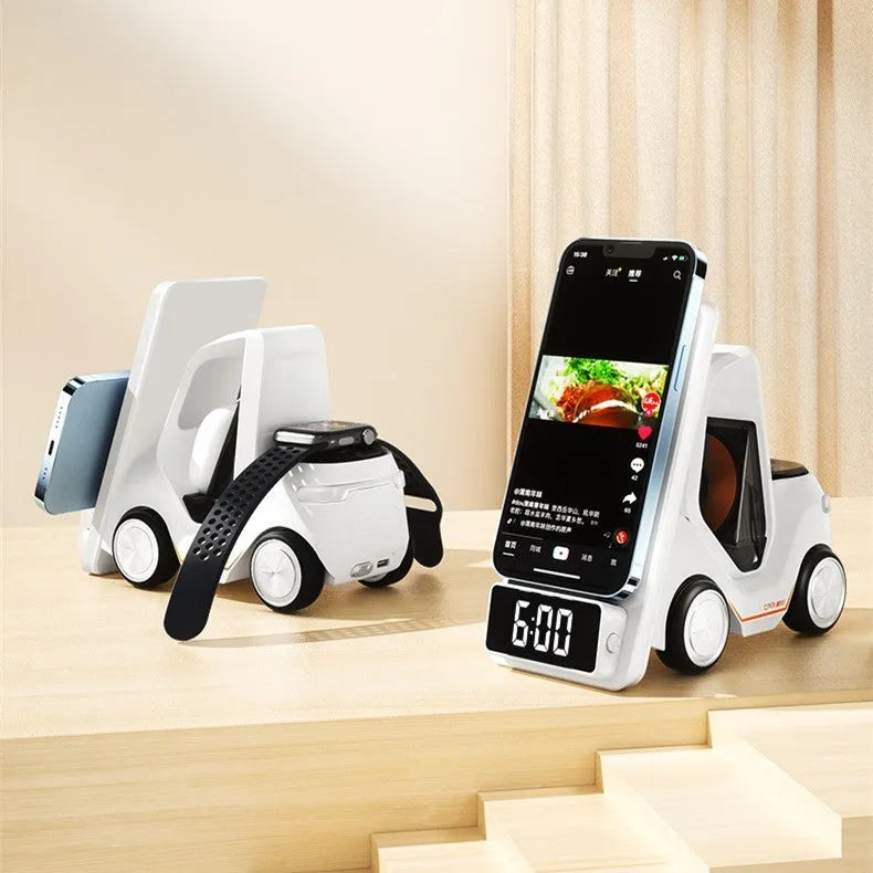Grey wireless charging stand holding a smartphone at an angle, showing adjustable side arms and a USB-C port.