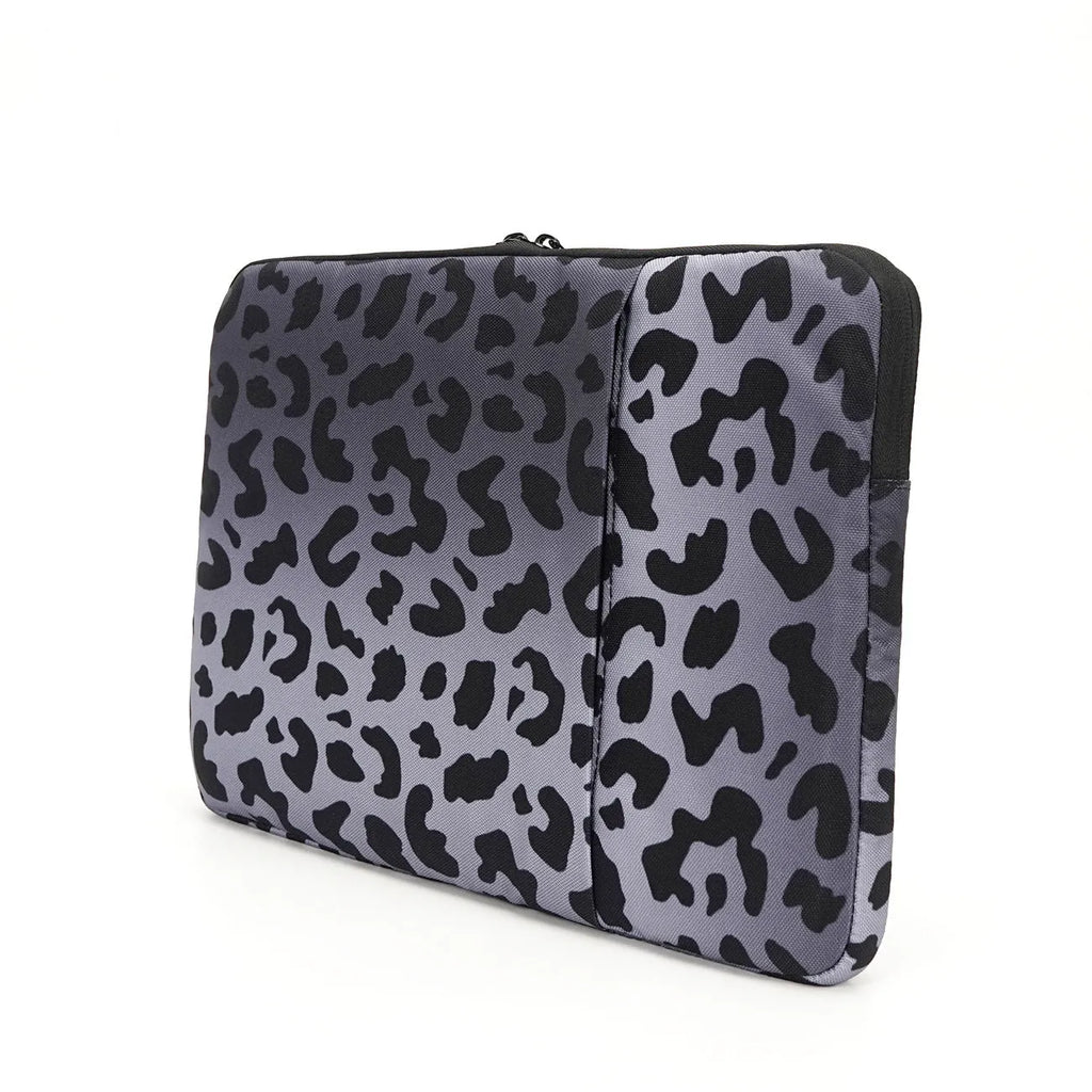 Leopard print laptop sleeve with polyester exterior and flannel lining for 13-inch to 16-inch devices