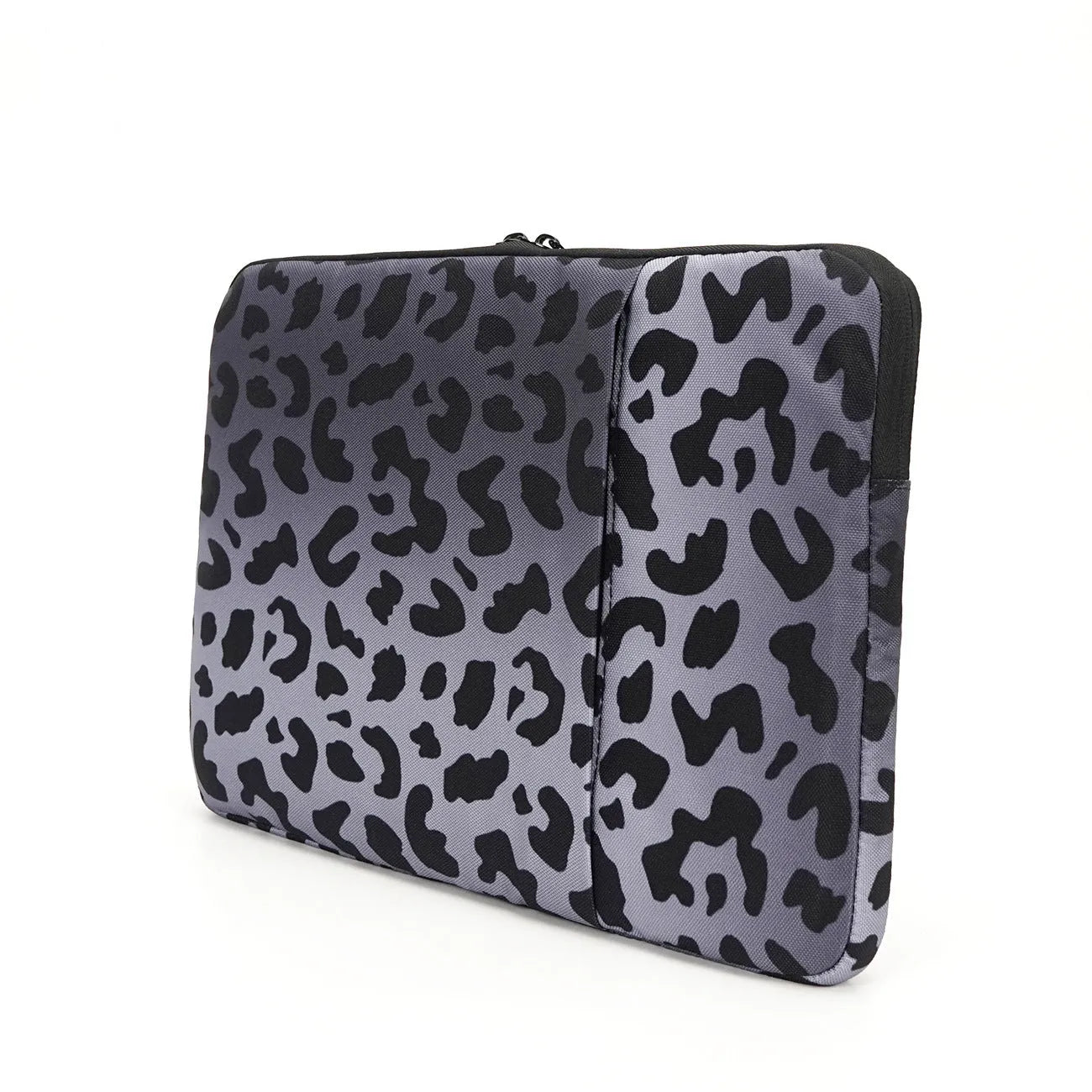 Leopard print laptop sleeve with polyester exterior and flannel lining for 13-inch to 16-inch devices