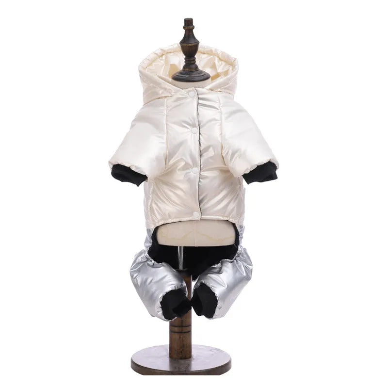 Green waterproof four-legged dog coat with cotton padding on a medium-sized dog