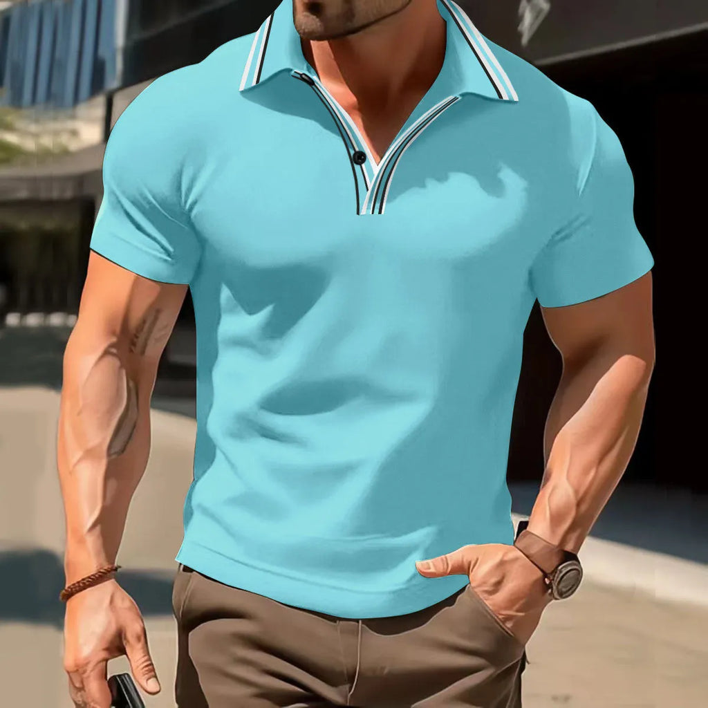 Men's thin breathable lapel button pullover T-shirt loose fit polyester blend casual top dark blue front view