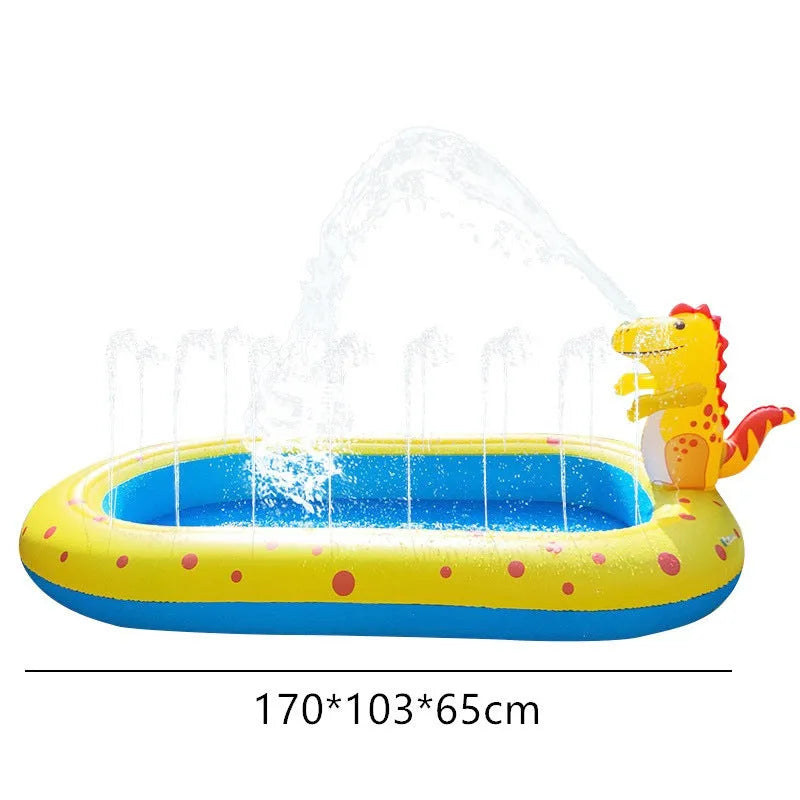 Blue dinosaur and shark themed water spray pool for kids outdoor play measuring 170cm long