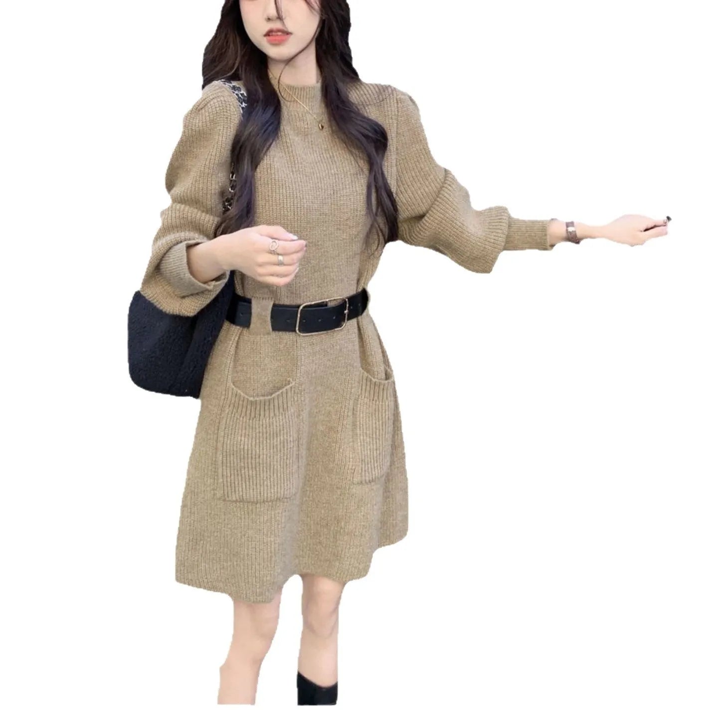 Women's loose knitted dress with long sleeves and high waist, shown in beige with black belt