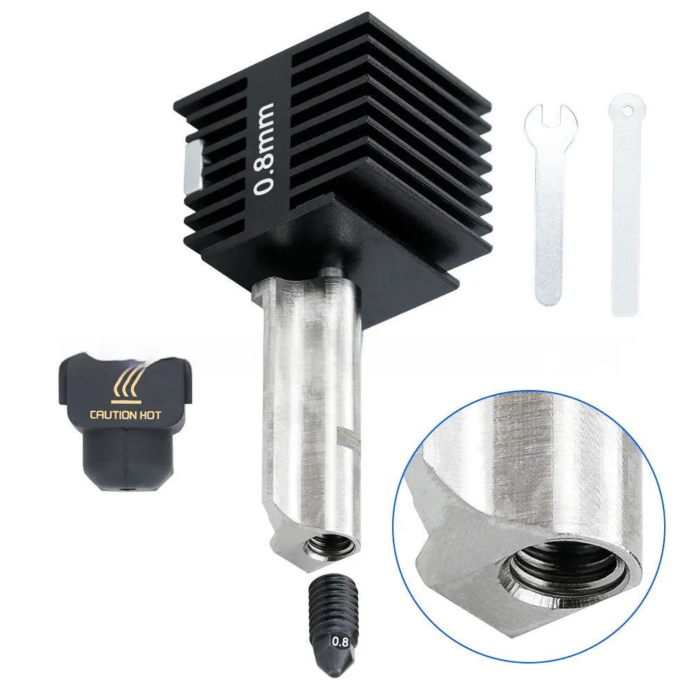 Hardened steel hot end and nozzle assembly for Bambu Lab A1 Mini 3D printer with silicone sleeve