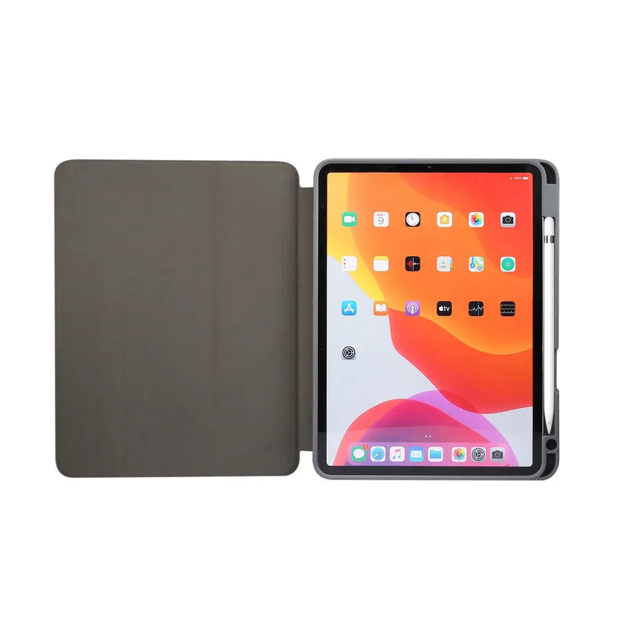 Tri-fold imitation leather iPad case in dark grey with a slot for an Apple Pencil.