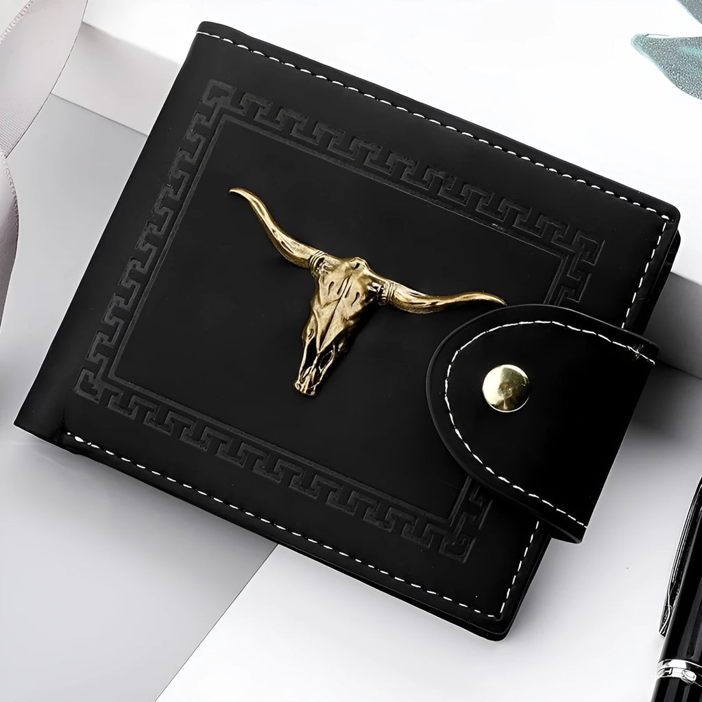 Men's black PU leather wallet with animal print pattern showing multiple card slots and zipper closure