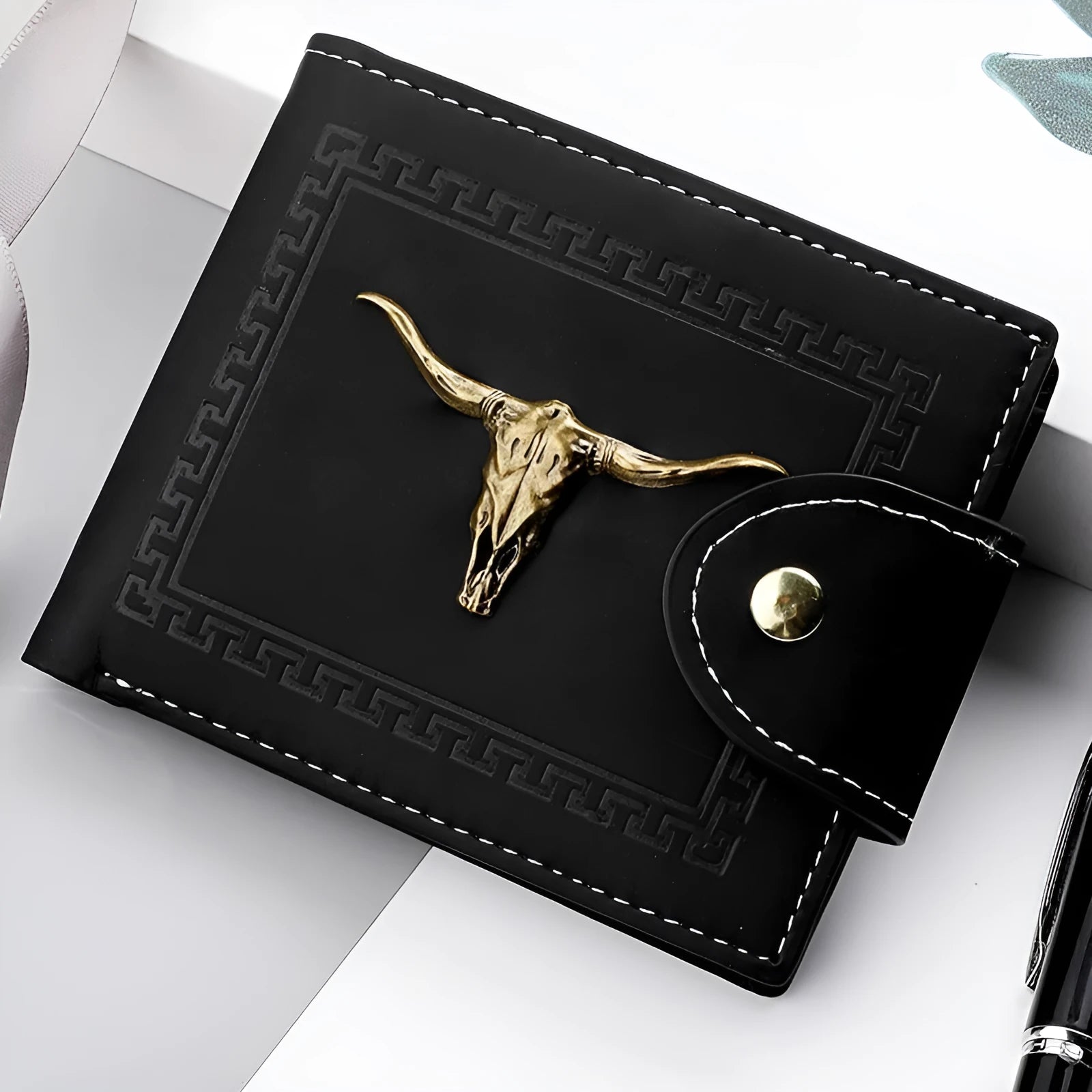 Men's black PU leather wallet with animal print pattern showing multiple card slots and zipper closure