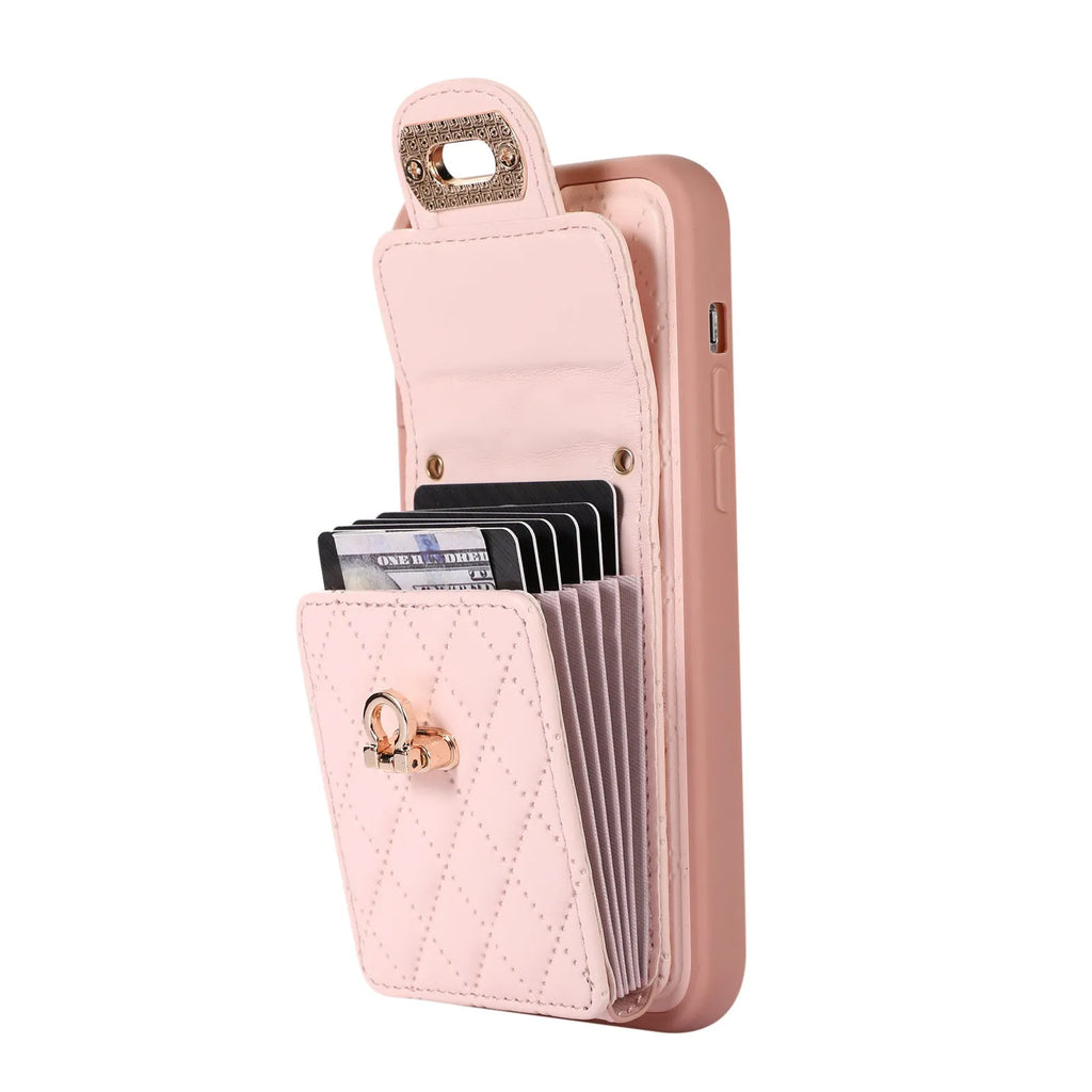 Black PU TPU back cover phone case with card holder slot and long lanyard for iPhone