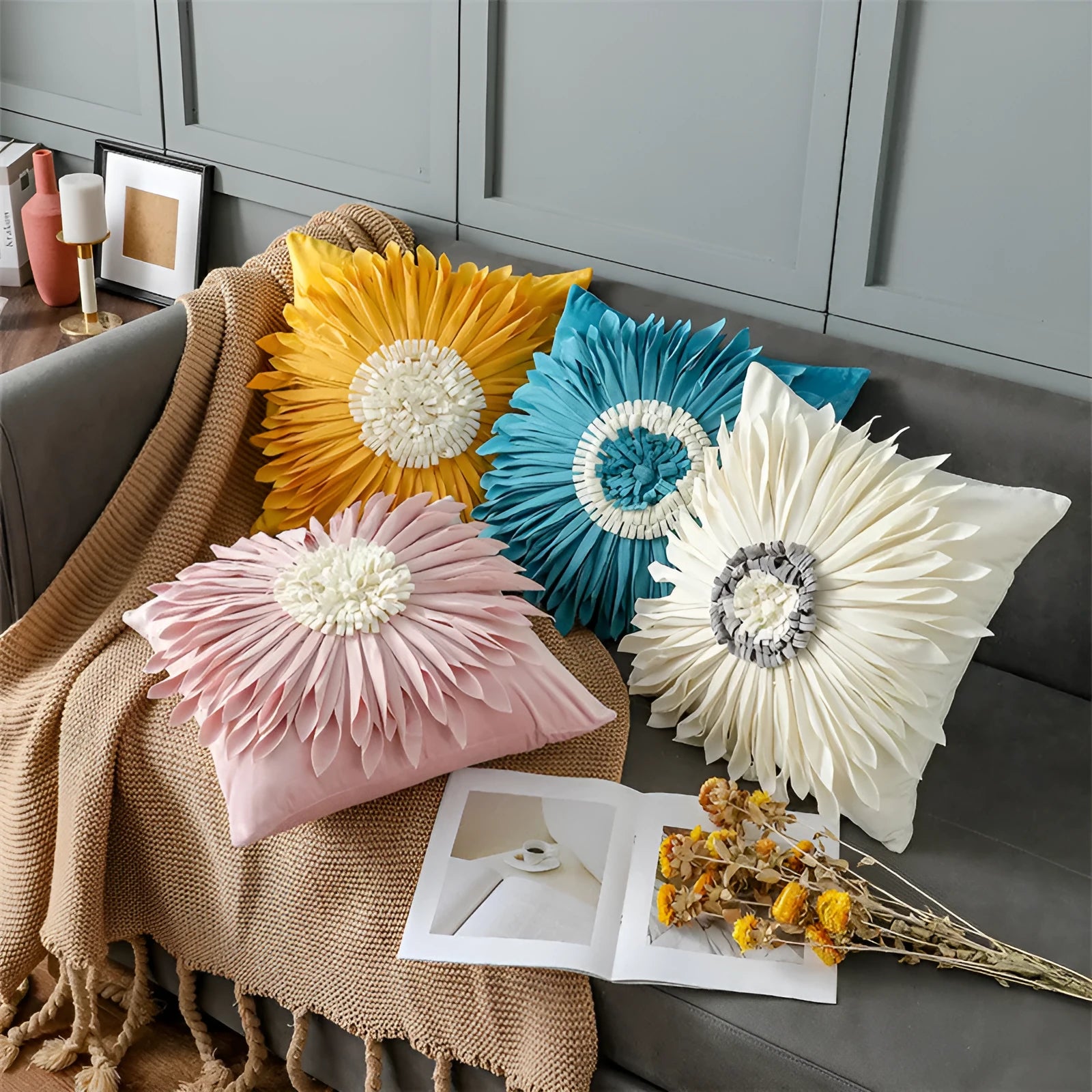 White polyester velvet cushion cover with blue chrysanthemum tufting pattern and fringed hem on a sofa