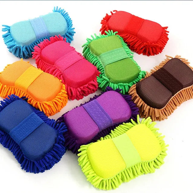 Silver green chenille car wash sponge measuring 14 by 25 centimetres