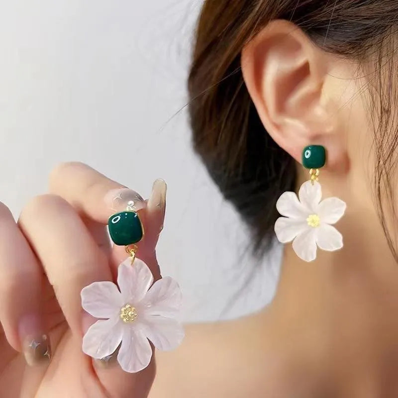 Dark green alloy earrings with needle flowers floral design for women