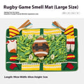Plastic dog sniffing mat with printed garden camping theme, shown as a flat blanket for hiding dog treats.