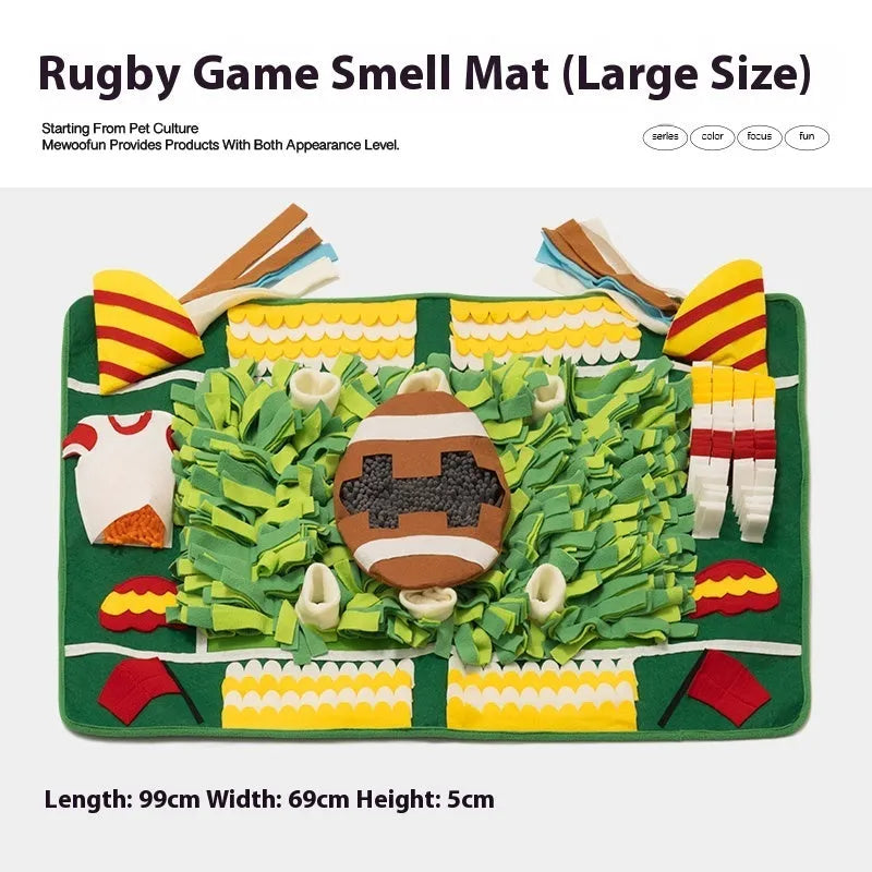 Plastic dog sniffing mat with printed garden camping theme, shown as a flat blanket for hiding dog treats.