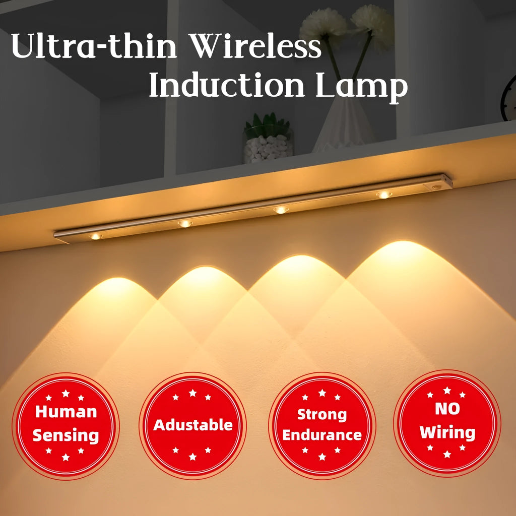 Silver ultra-thin wireless LED strip light with motion sensor attached to a kitchen cabinet door.