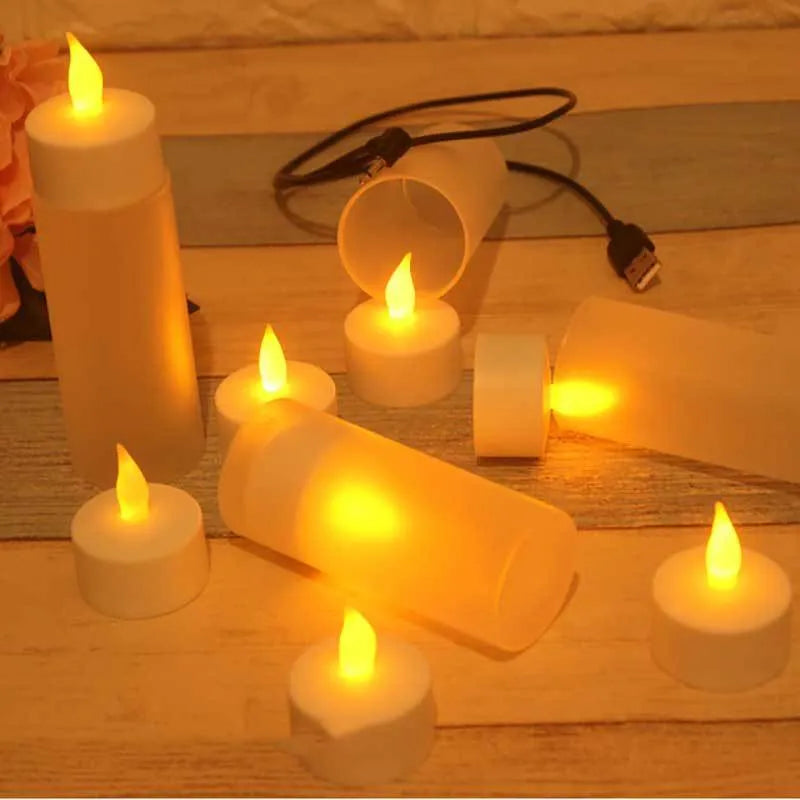 White plastic USB rechargeable LED candle lamp with flame-shaped head on plastic cup