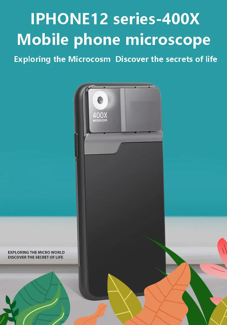 Black and silver aluminium alloy and TPU mobile phone microscope lens with 400X magnification for iPhone models