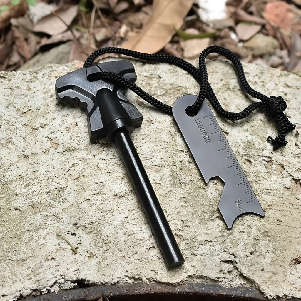 Stainless steel butterfly-shaped firestone survival tool with integrated bottle opener.