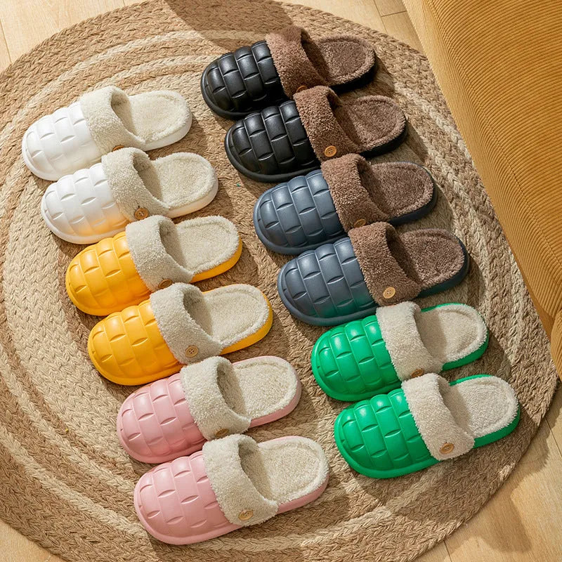 Plaid-patterned detachable EVA house slippers with plush lining, shown in pink, green, yellow, white, grey, or black.