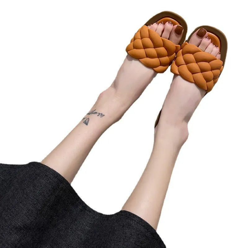 Women's plaid pattern beach sandals with thick anti-skid PVC sole in white, shown from the side.