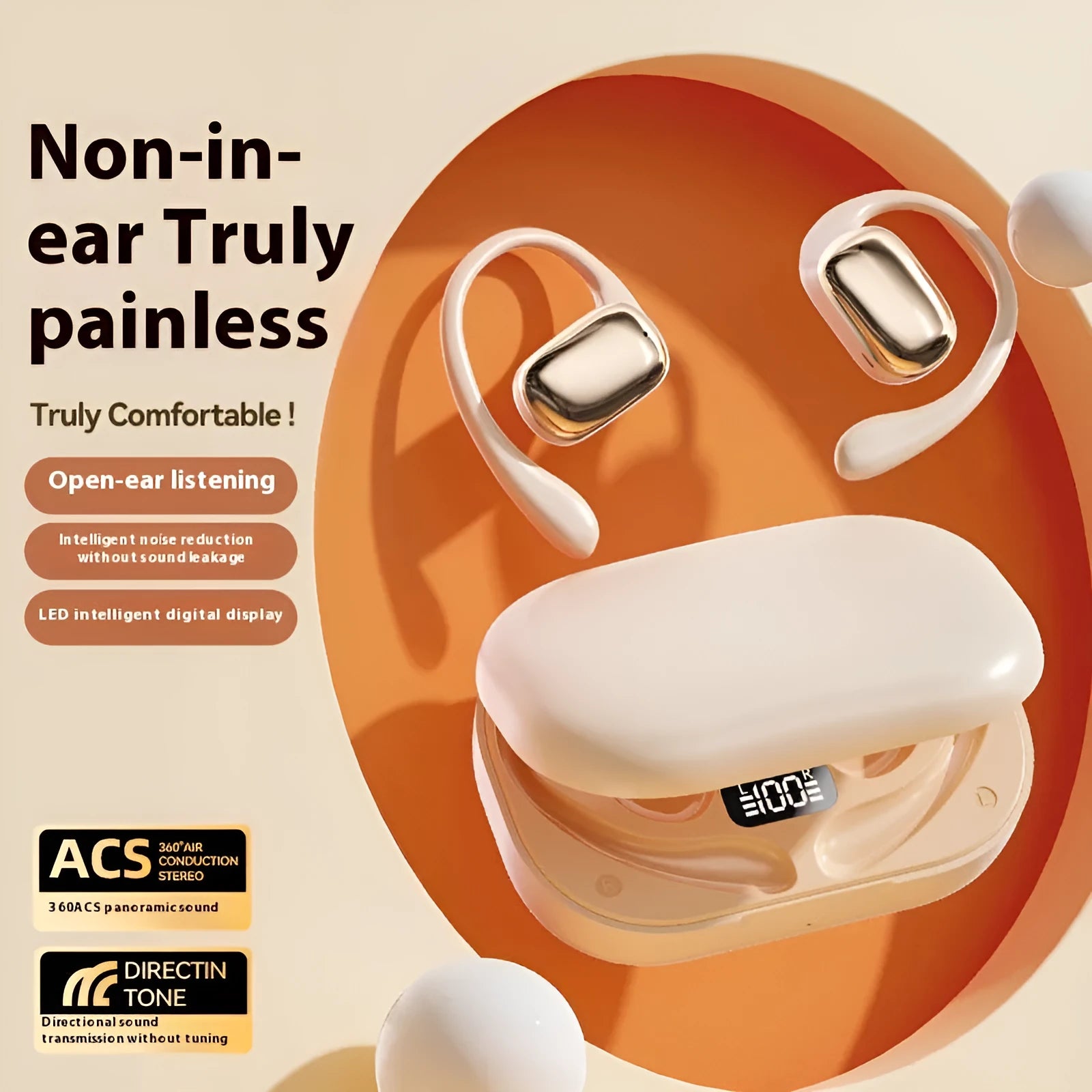 Ear-mounted wireless headphones with digital display screen in black, white, or skin colour