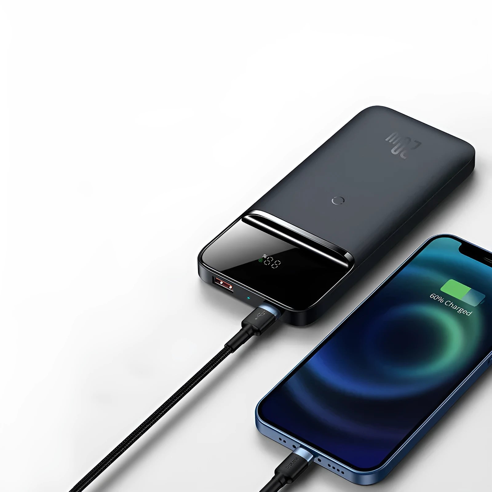 White MagSafe magnetic wireless power bank with LCD display showing battery percentage.