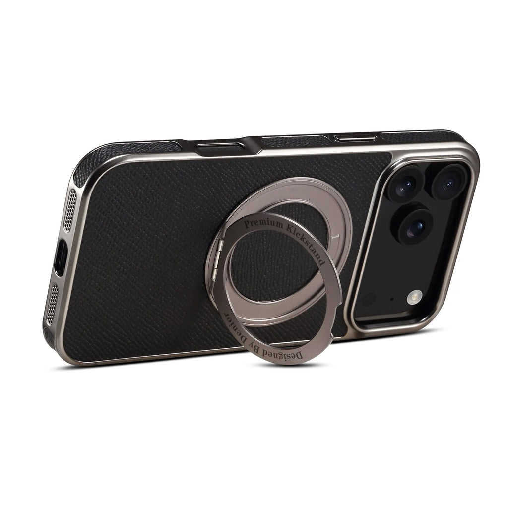 Denior genuine leather electroplating magnetic phone case for iPhone with stand in black