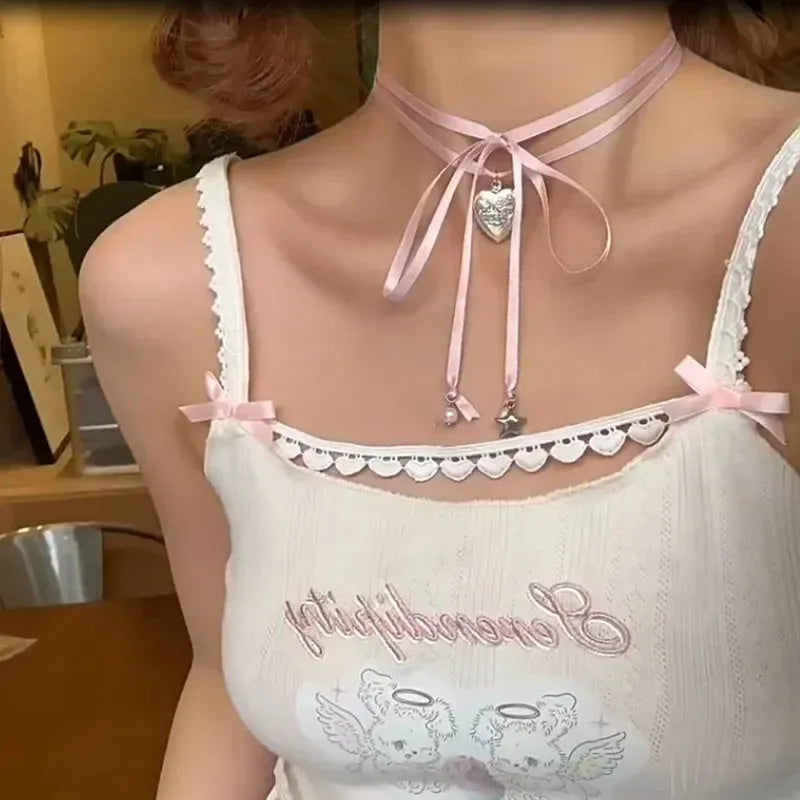 Women's silver-tone alloy necklace with ribbon love pendant on clavicle chain