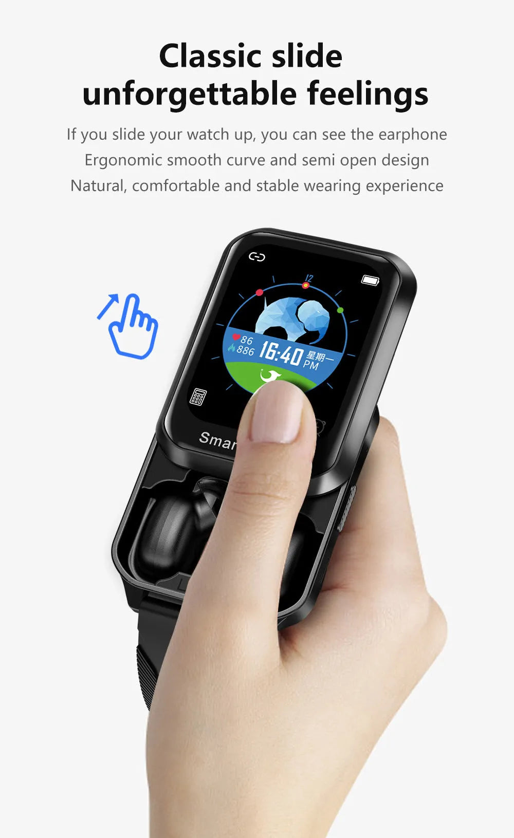 Bluetooth smart bracelet with split screen display on silicone wristband showing call functionality interface
