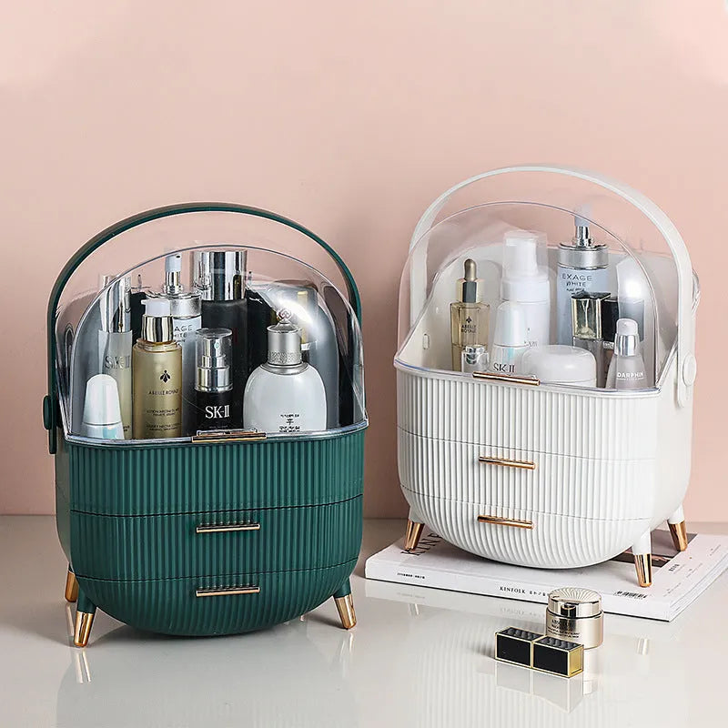 Light luxury covered cosmetic storage box in ABS and PS plastic, dustproof desktop organiser in green or white