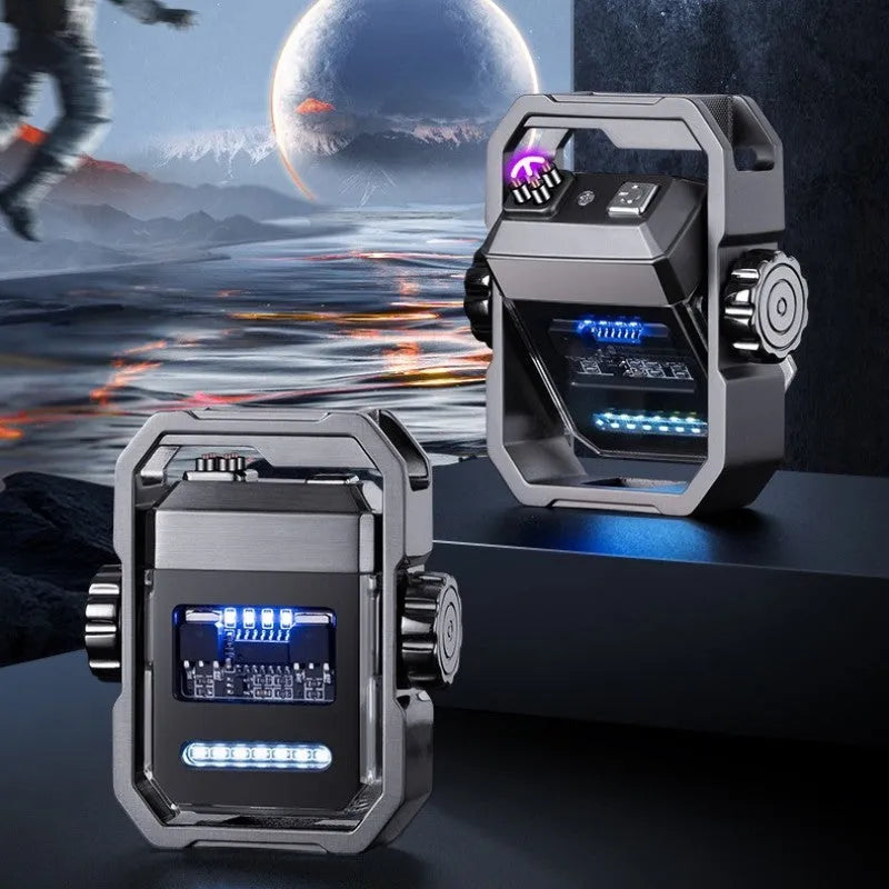 Blue zinc alloy pulse lighter with glowing double electric arcs and a mechanical gyroscope spinner, shown folded and unfolded.