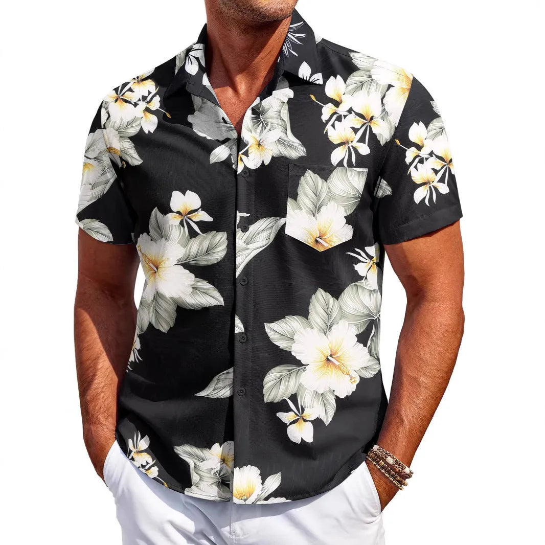 Man wearing a slim fit, short sleeve cardigan-style Hawaiian shirt in a solid colour.