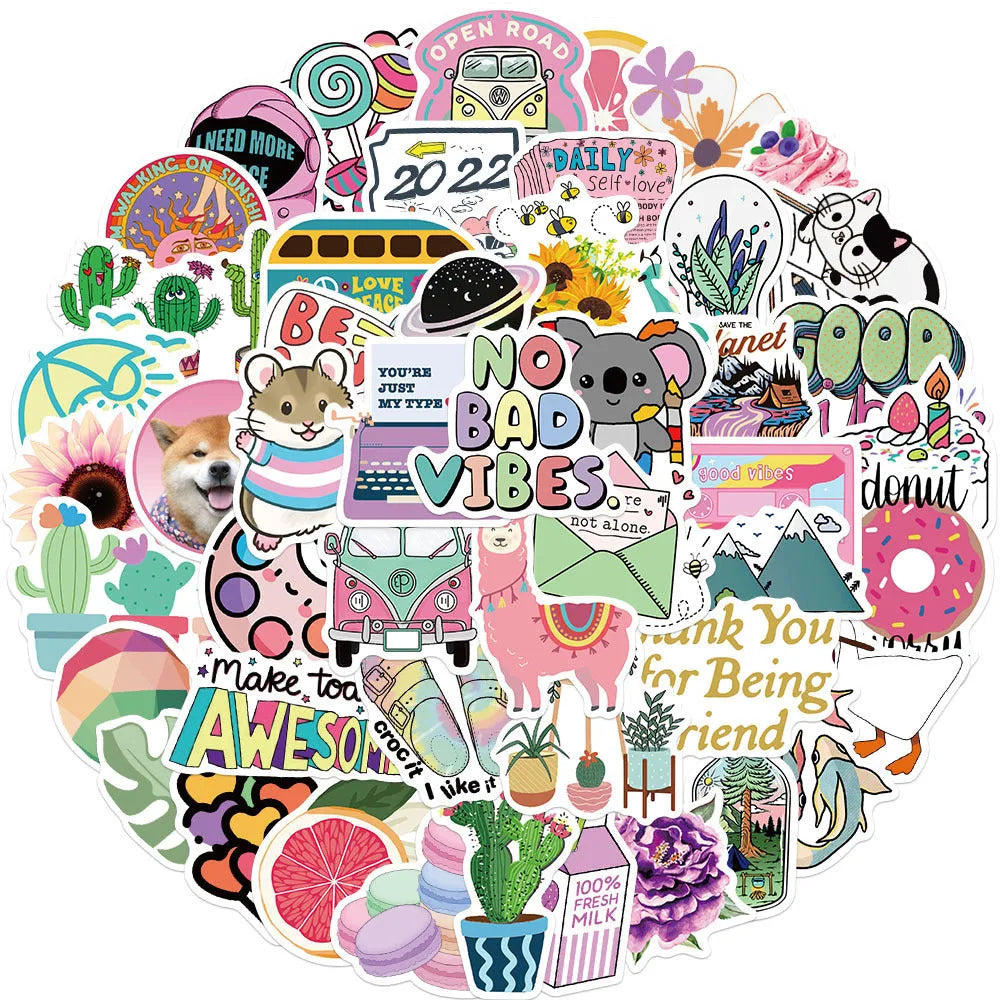 Cartoon graffiti stickers in assorted styles with waterproof matte finish, 3-6cm, 50 sheets per bag