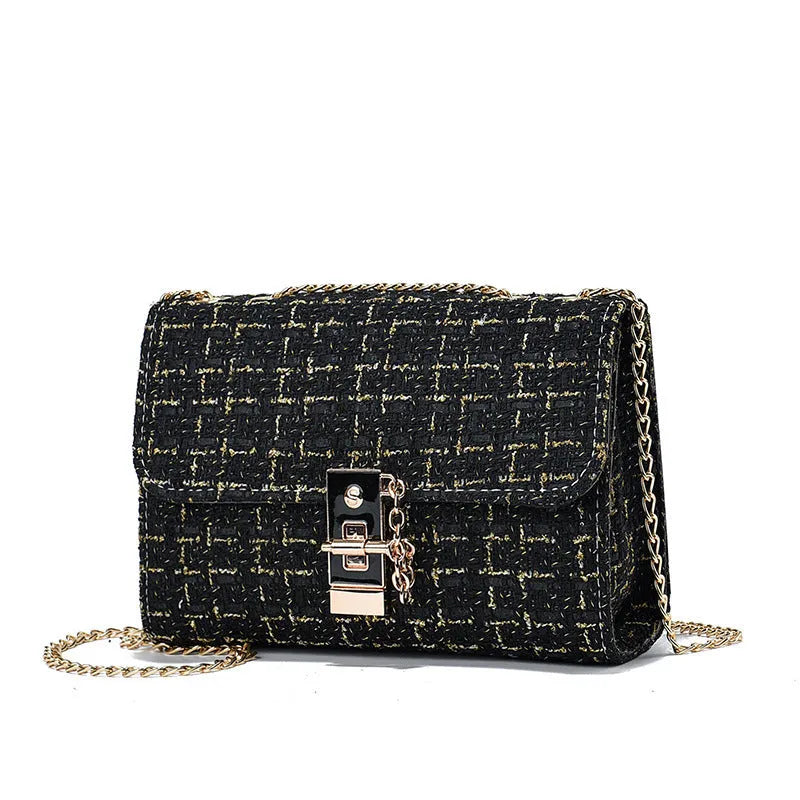 Woolen twist lock shoulder bag with gold silk contrast colour, clamshell design, and chain accent in beige