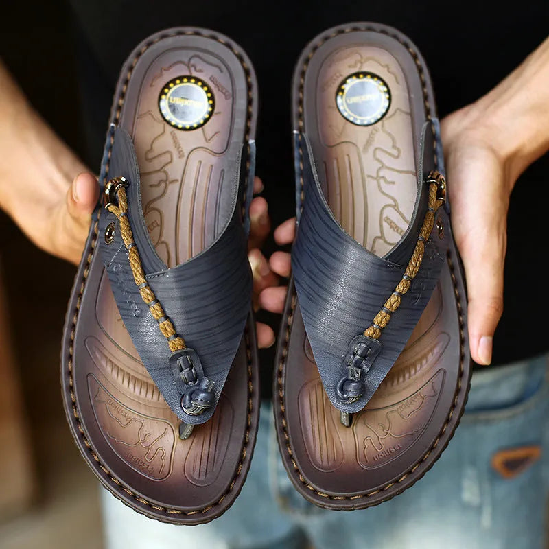 Men's herringbone pattern outdoor slippers in dark blue with rubber sole and leather lining