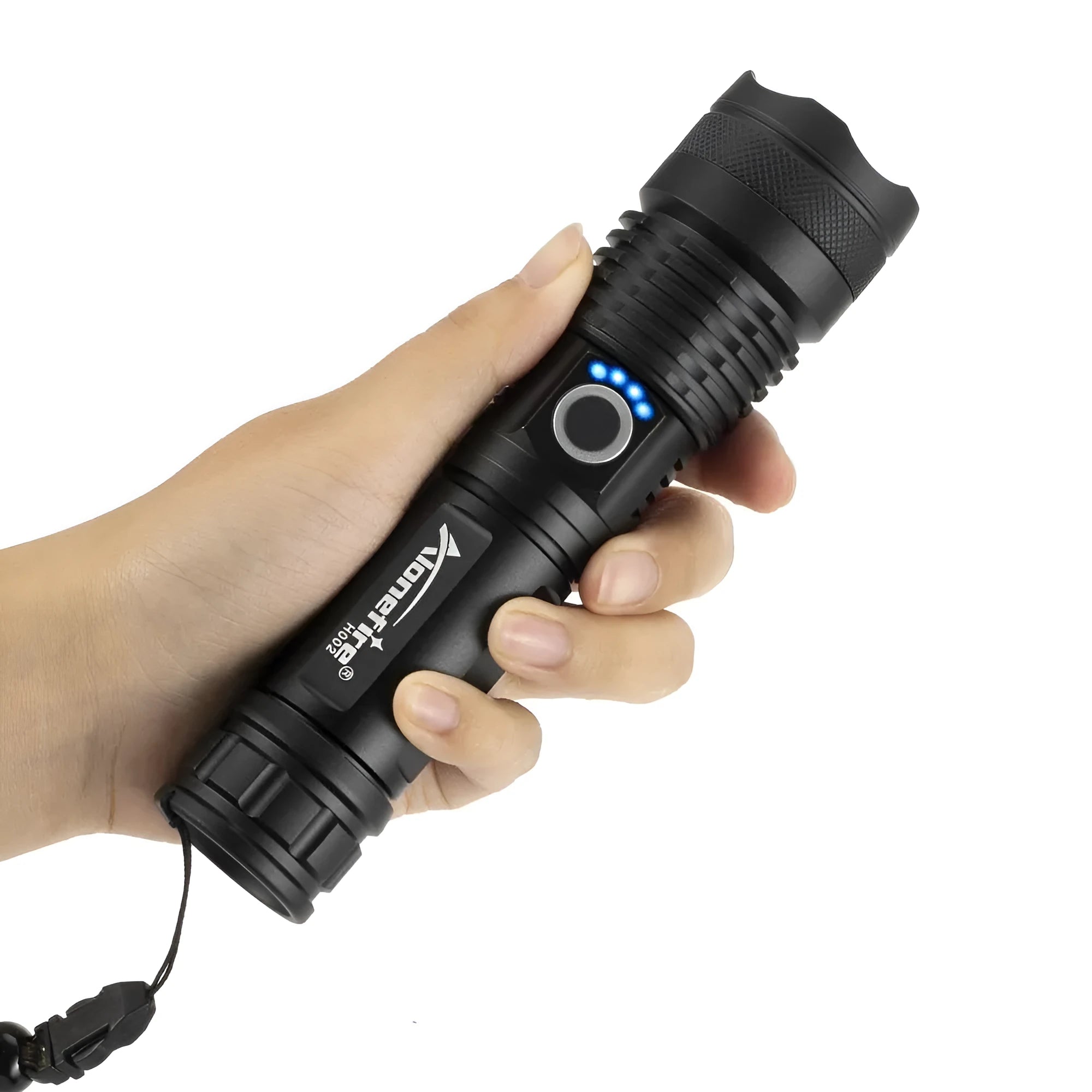 Black aluminium alloy LED flashlight with zoom lens on plain background