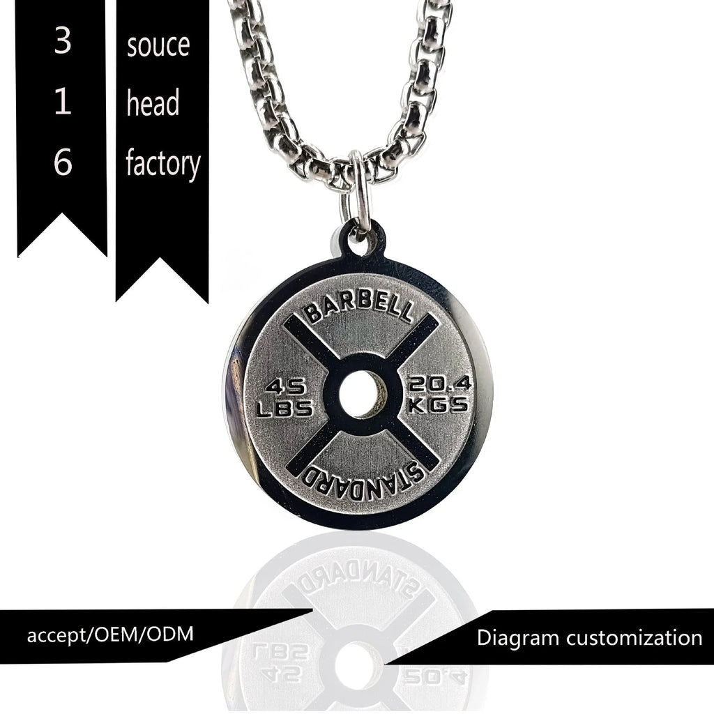 Stainless steel barbell disk pendant necklace with geometric sports design on 60cm chain