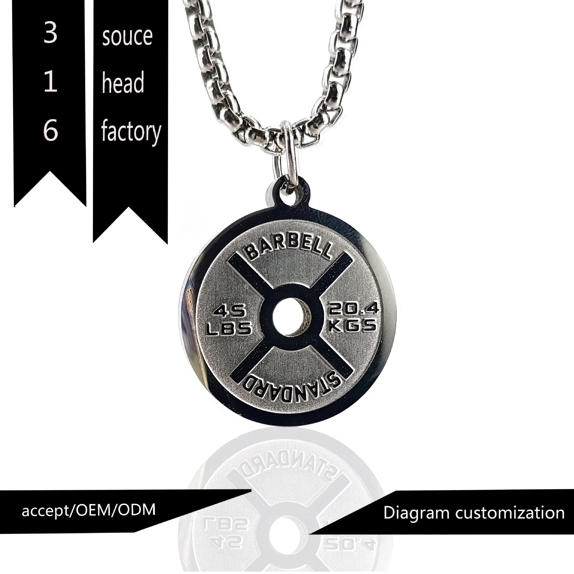 Stainless steel barbell disk pendant necklace with geometric sports design on 60cm chain