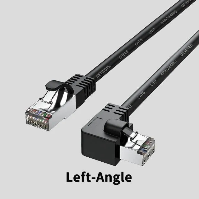 Coloured Cat6 Ethernet cable with a right-angled metal RJ45 connector plug in a choice of four orientations.