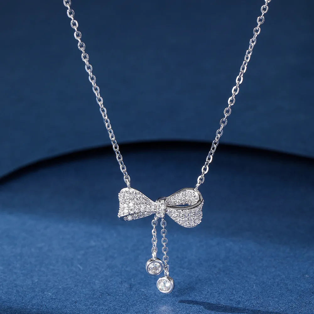 S925 sterling silver bow pendant necklace on O-ring chain, silver electroplated finish