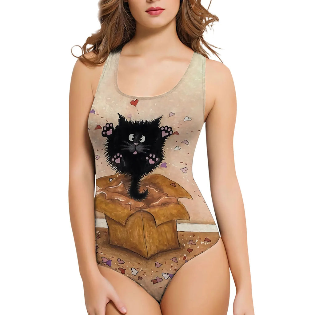 Women's one-piece swimsuit with 3D printed butterfly and floral pattern on blue polyester fabric.