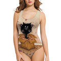 Women's one-piece swimsuit with 3D printed butterfly and floral pattern on blue polyester fabric.