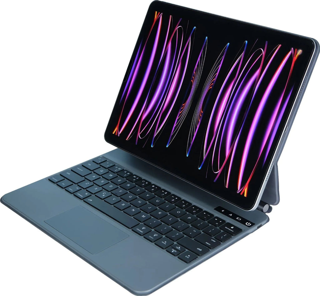 Bluetooth wireless keyboard with magnetic protective cover for iPad Pro and iPad Air tablets in various colours.