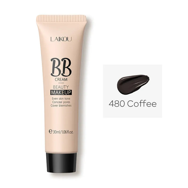 30ml tube of BB cream shown alongside swatches of its nine shades from light ivory to dark brown.