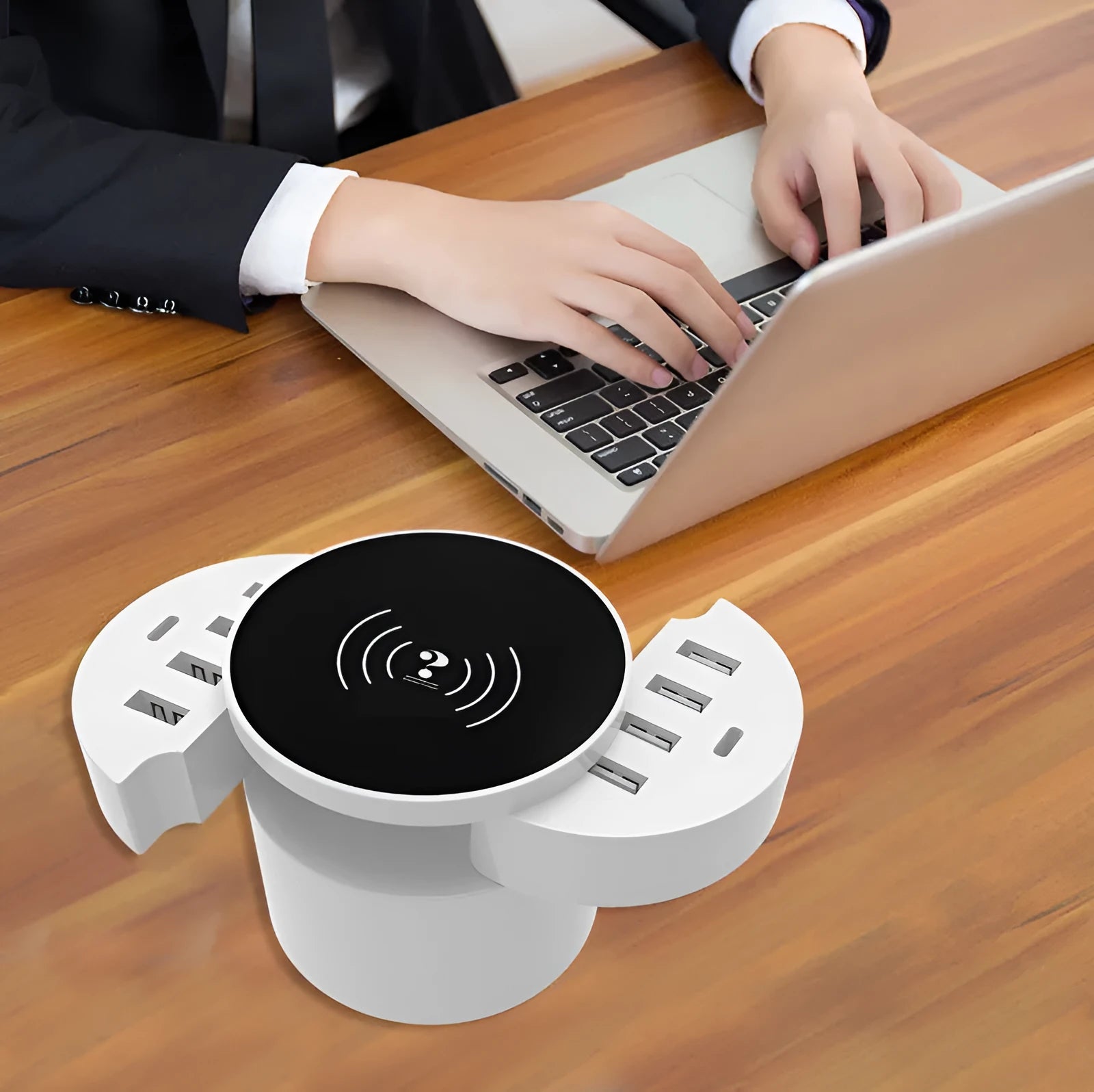 Ceramic white circular wireless charger with multiple ports, adapters for EU UK US outlets, and 1.5 metre cable