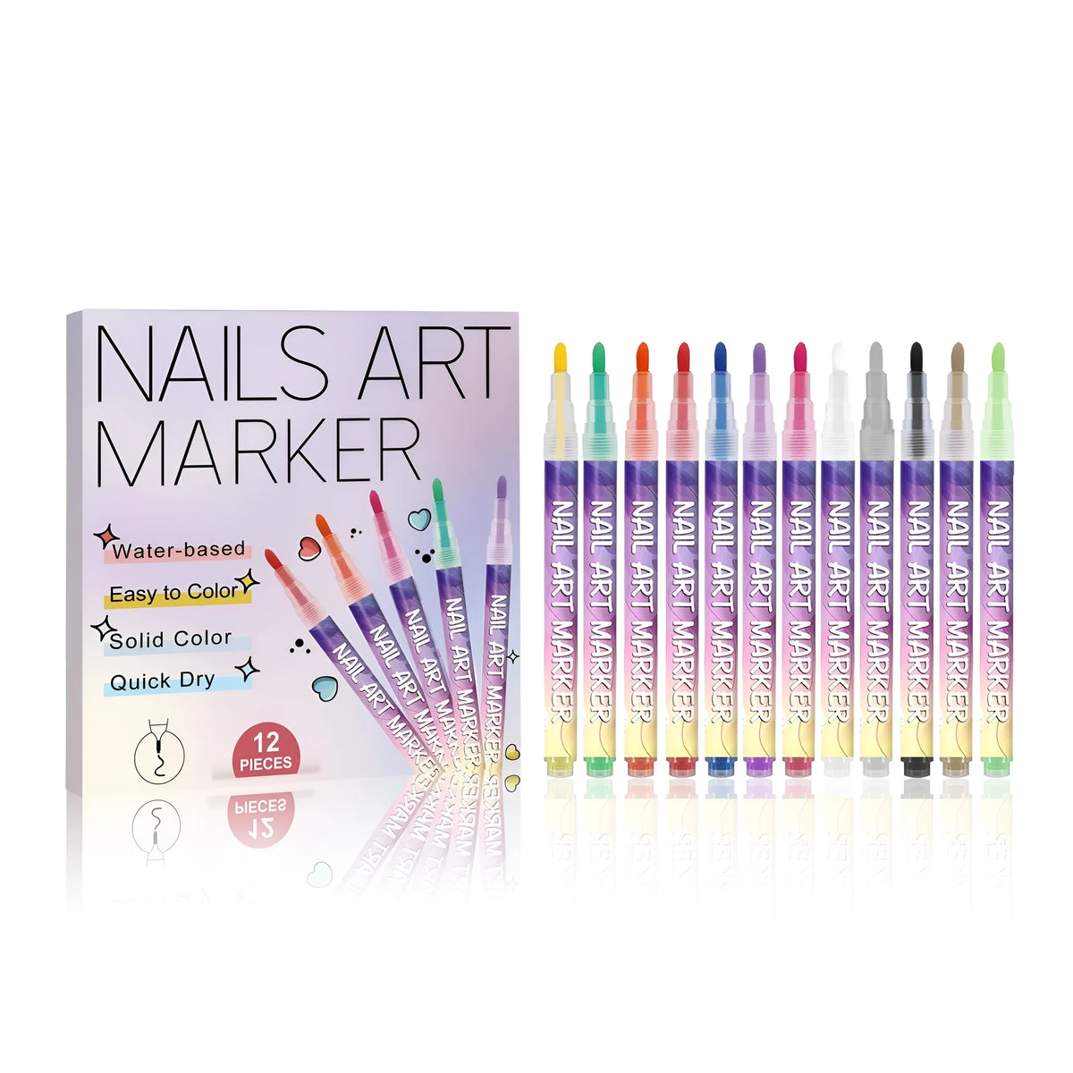 Twelve coloured nail art markers with fine tips arranged on a white background for DIY manicure