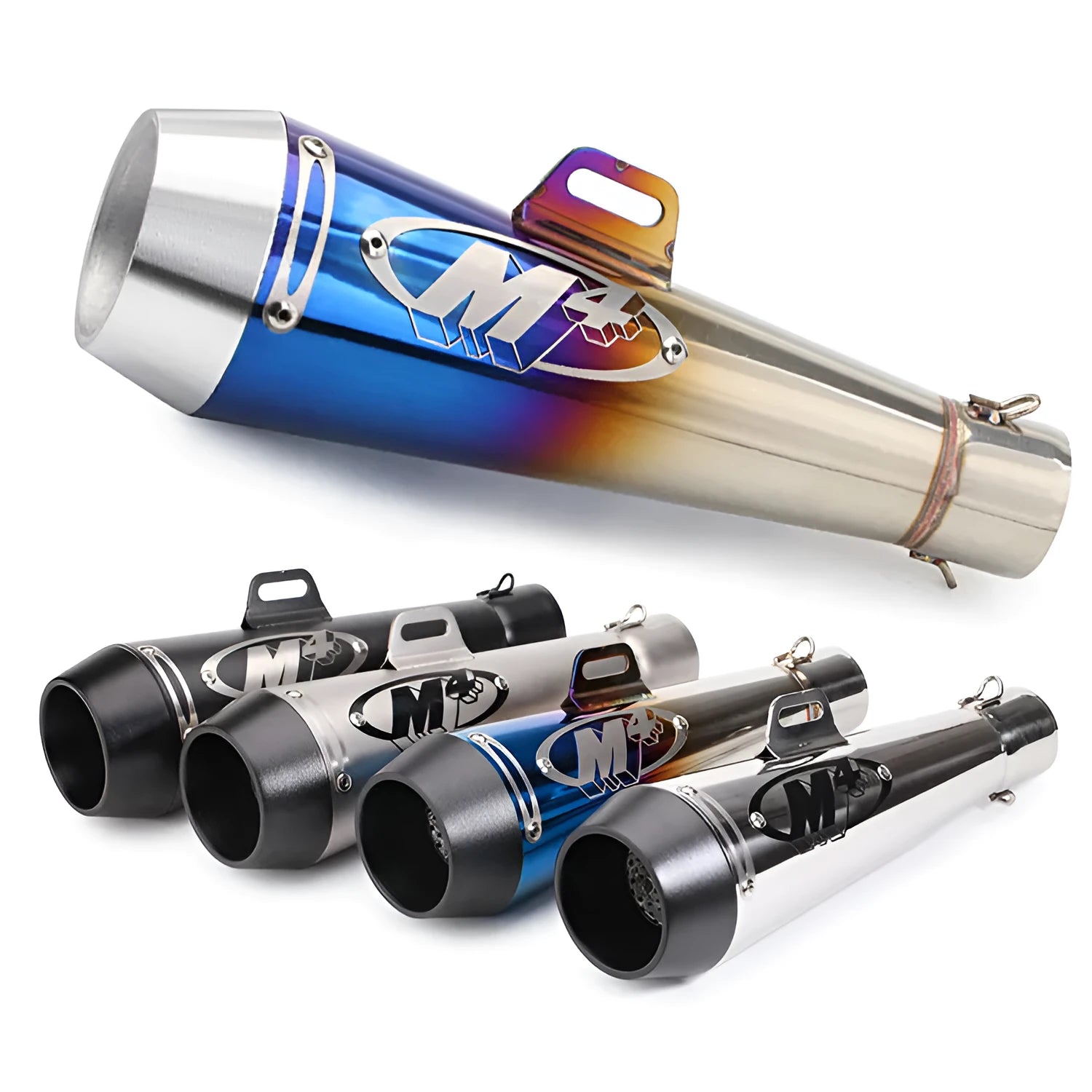 M4 universal motorcycle exhaust pipe in black, titanium, or blue finish for large displacement bikes