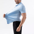 Men's short sleeve shirt in navy blue, four-side elastic non-iron fabric, cardigan style with collar and buttons
