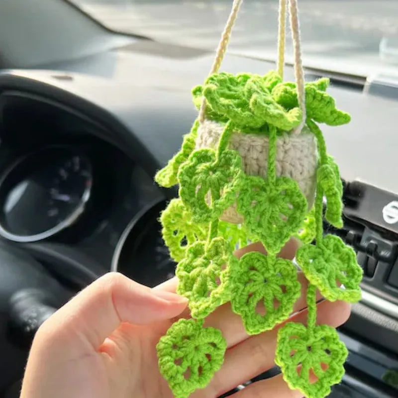 Green and white knitted car plant ornament with 8cm basin base and hanging rope for vehicle interiors