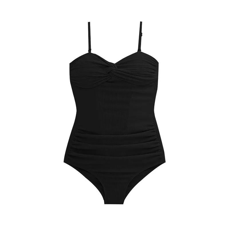 Women's black high-waist swimsuit with adjustable shoulder straps for swimming
